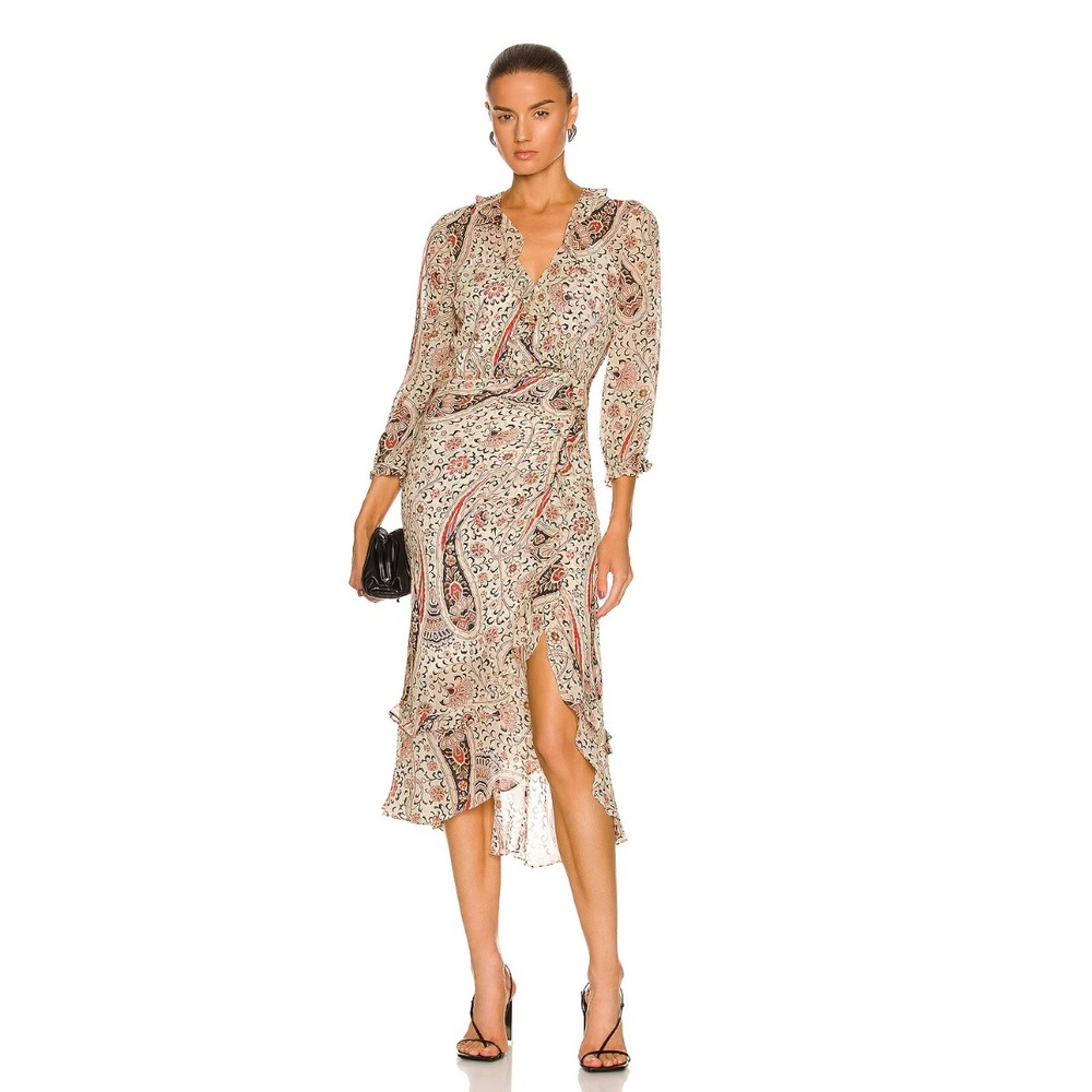Veronica Beard Derby Midi Dress Oat Multi Paisley Silk Ruffle Faux Wrap Sz 4